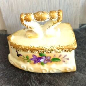 Vintage Enesco Japan Ceramic Figurine Flat Press Iron Hand Painted Floral Gold